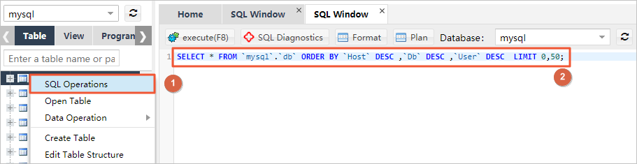 Open a SQL window using the table list