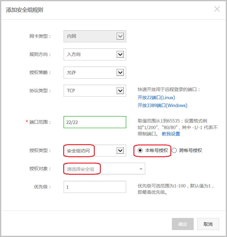 ECS_安全组_经典网络_内网入方向_安全组_本账号授权
